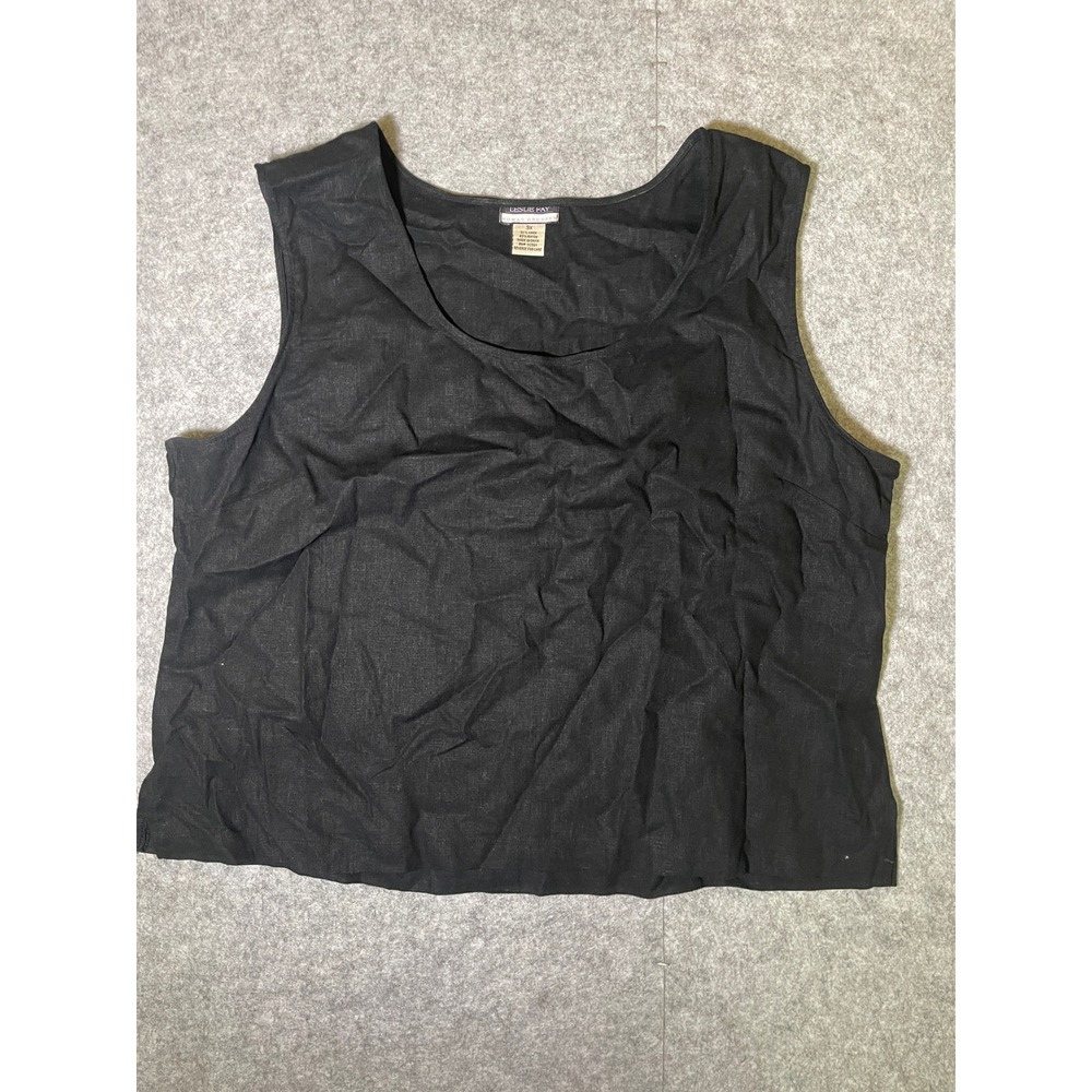 Leslie Fay Woman Black Linen Blend Sleeveless Shell Top 3X Scoop Neck Plus Size